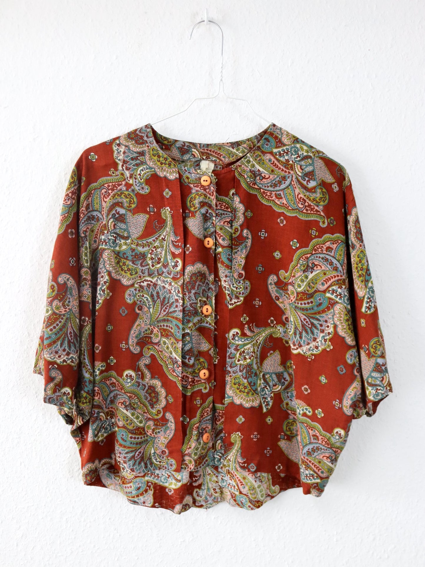 Vintage 80er 90er Bluse kurzarm crazy pattern Paisley Leinen Viskose M