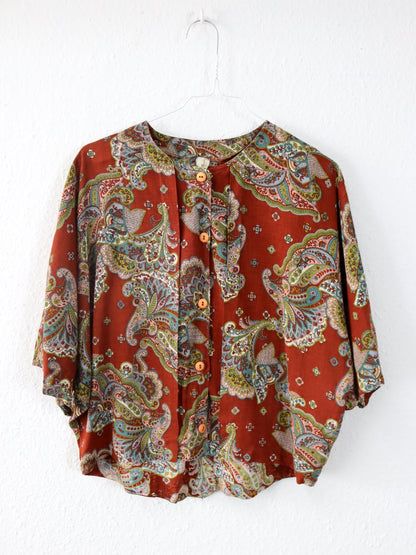 Vintage 80er 90er Bluse kurzarm crazy pattern Paisley Leinen Viskose M