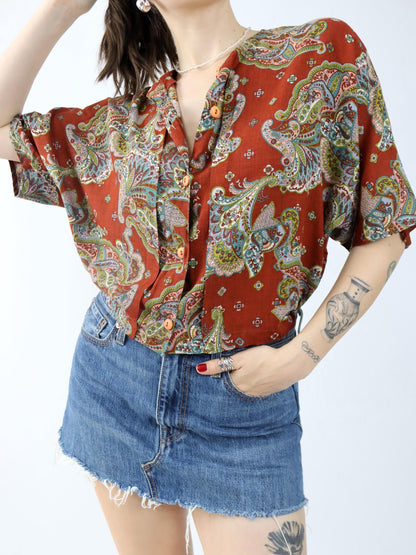 Vintage 80er 90er Bluse kurzarm crazy pattern Paisley Leinen Viskose M