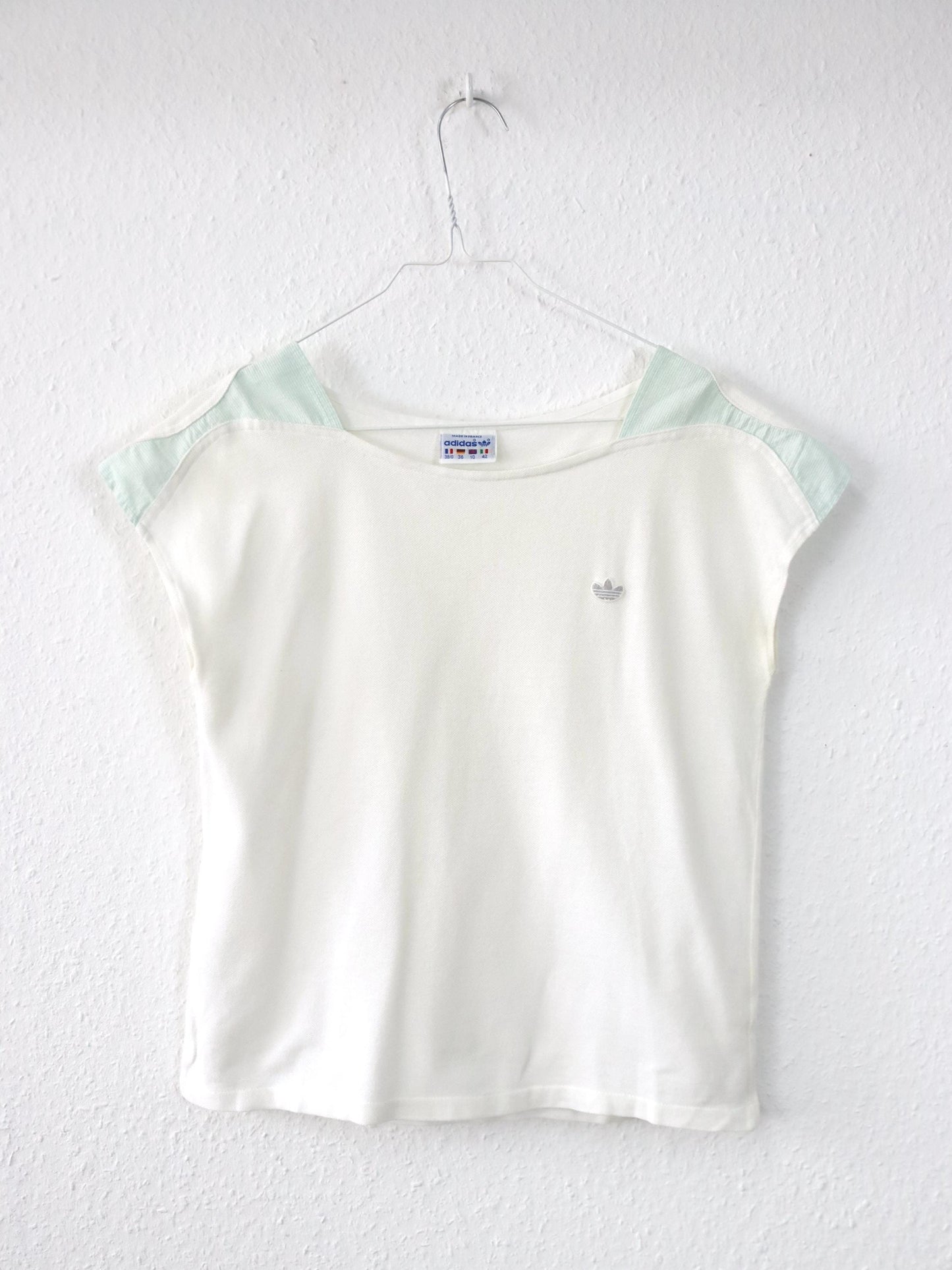 Vintage 70er 80er ADIDAS Tennisshirt Oberteil weiß türkis Top Made in France 36