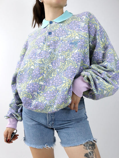 Vintage 80er 90er AMERICAN SYSTEM Sweatshirt Pullover crazy pattern flieder pastel XXL