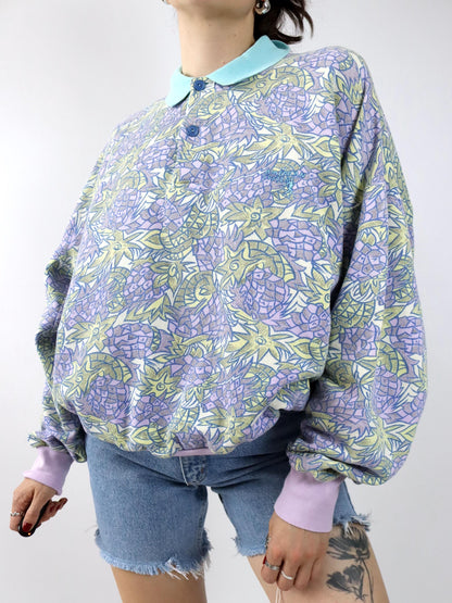 Vintage 80er 90er AMERICAN SYSTEM Sweatshirt Pullover crazy pattern flieder pastel XXL