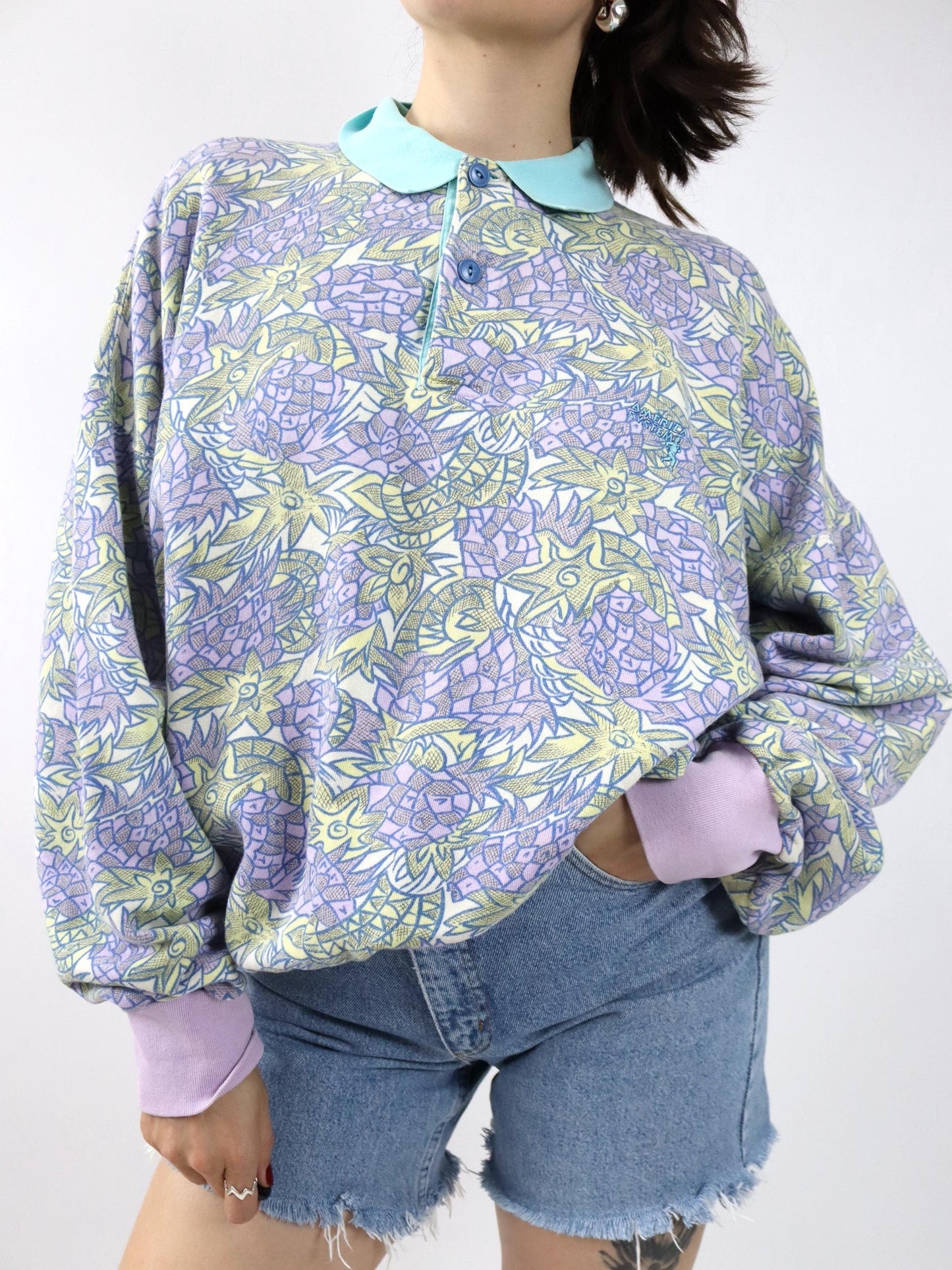 Vintage 80er 90er AMERICAN SYSTEM Sweatshirt Pullover crazy pattern flieder pastel XXL