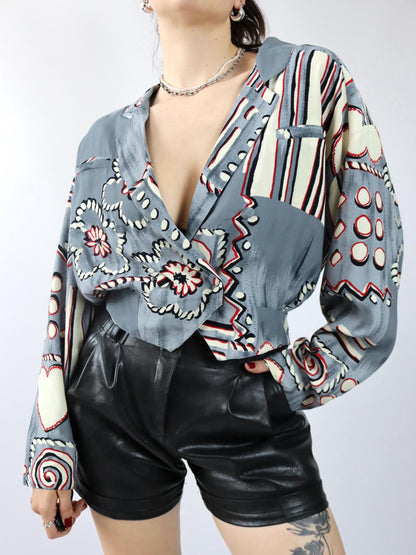 Vintage 80er 90er Bluse langarm crazy pattern Viskose Blumen M/L