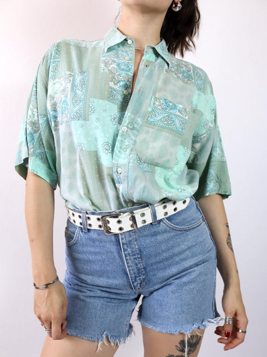 Vintage 80er 90er Hemd kurzarm crazy pattern hellblau M