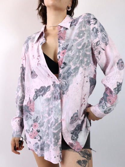 Vintage 80er 90er Bluse Hemd langarm crazy pattern rosa M