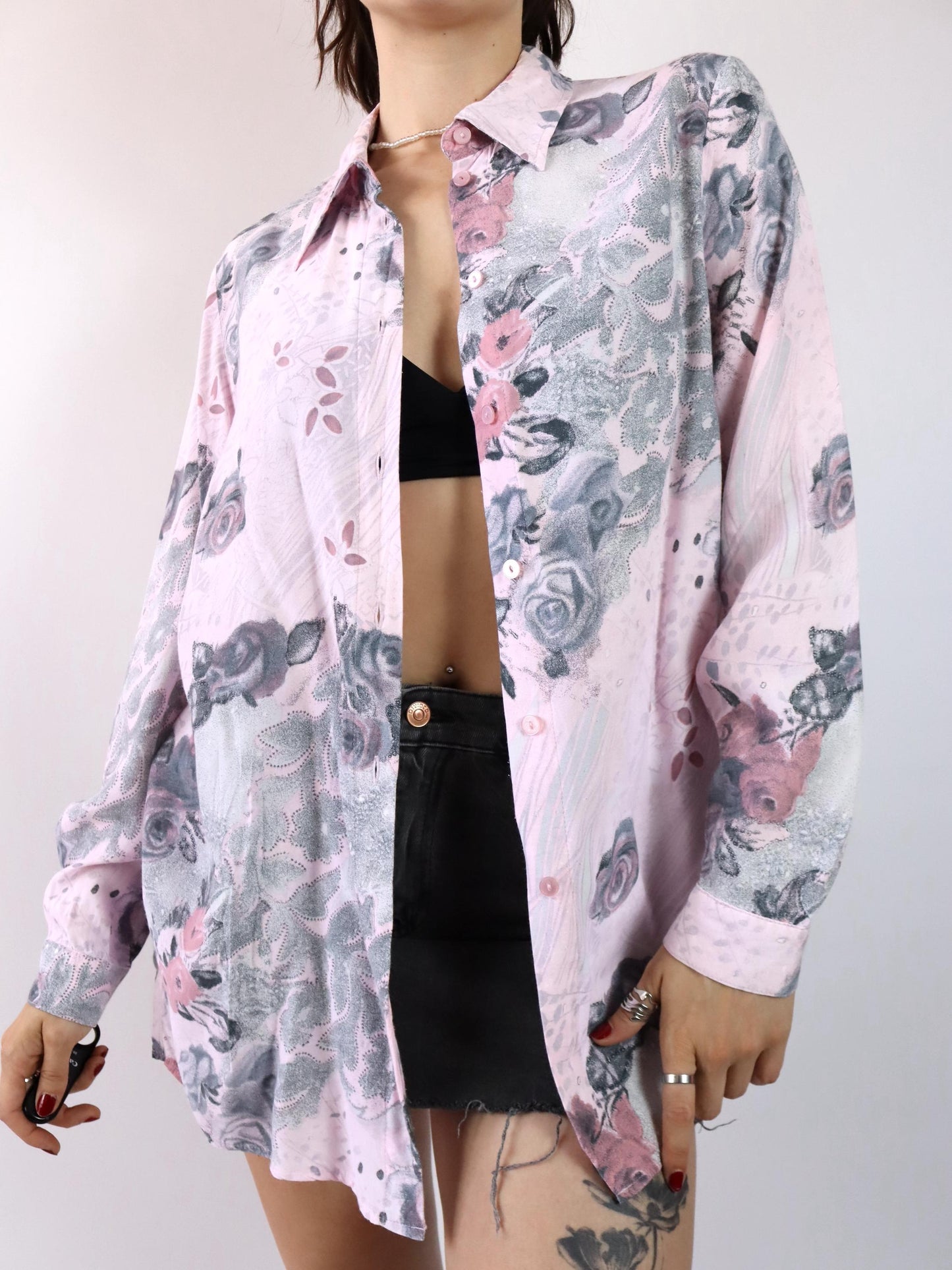 Vintage 80er 90er Bluse Hemd langarm crazy pattern rosa M