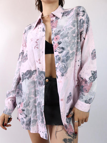 Vintage 80er 90er Bluse Hemd langarm crazy pattern rosa M