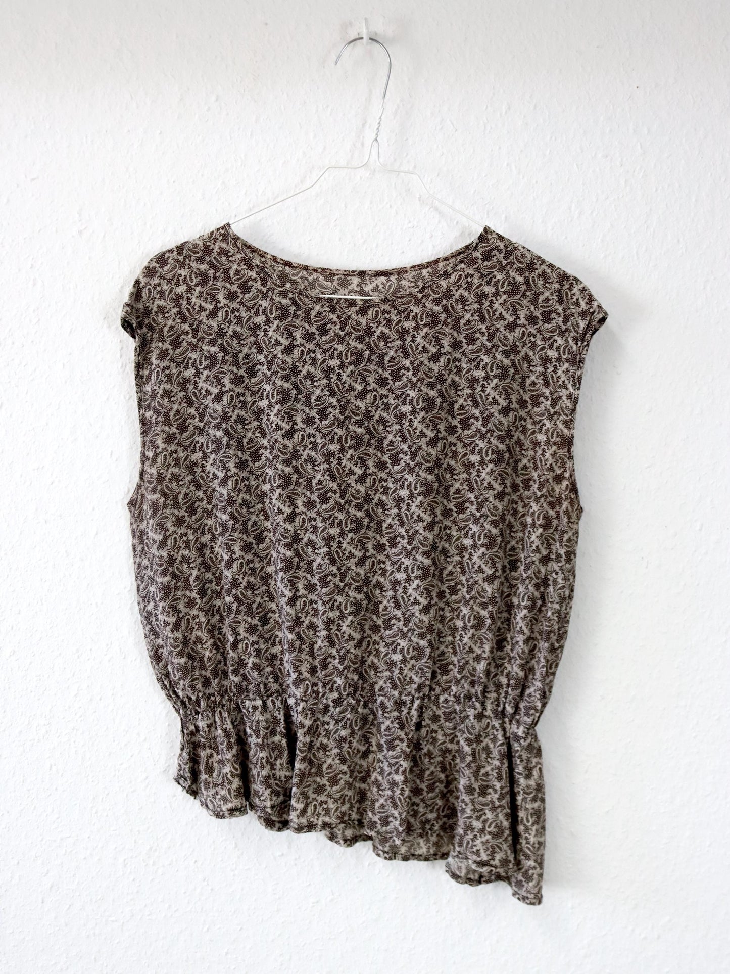 Vintage 80er 90er Bluse Top ärmellos gemustert braun Paisley asymmetrisch  M