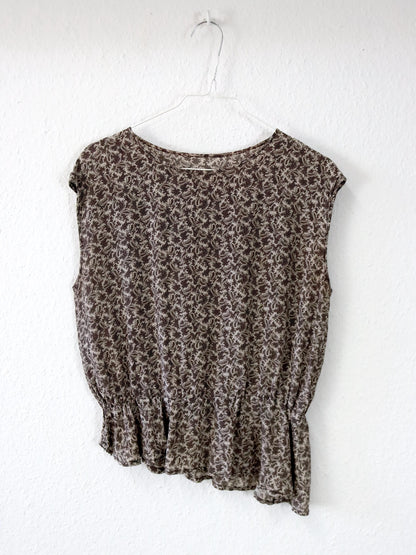 Vintage 80er 90er Bluse Top ärmellos gemustert braun Paisley asymmetrisch  M