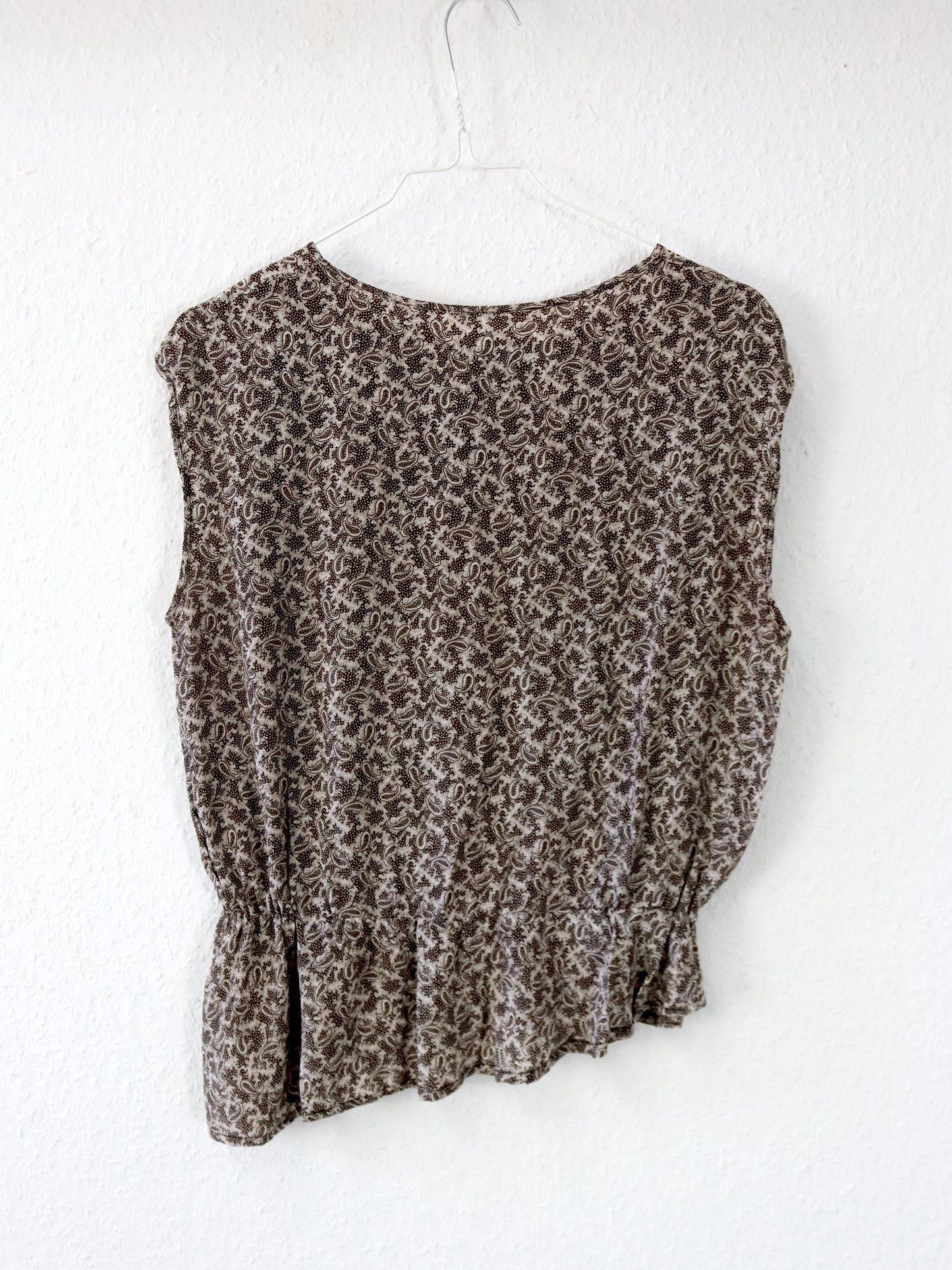 Vintage 80er 90er Bluse Top ärmellos gemustert braun Paisley asymmetrisch  M