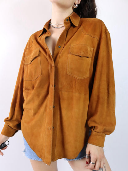 Vintage 80er 90er Wildlederhemd Hemd langarm Wildleder braun 46 S/M