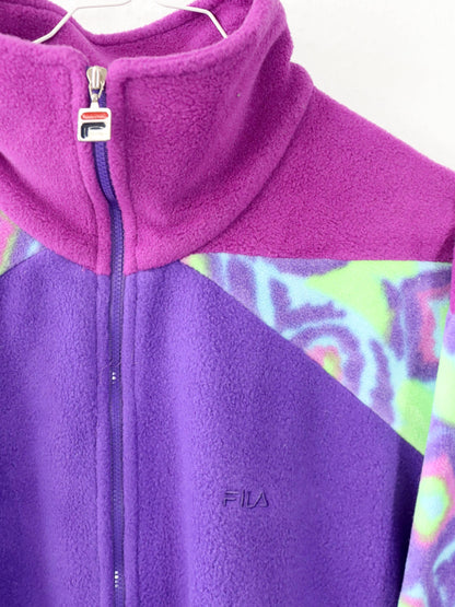 Vintage 80er 90er FILA Fleecejacke Jacke Stehkragen Reißverschluss Fleece pink lila crazy pattern 42
