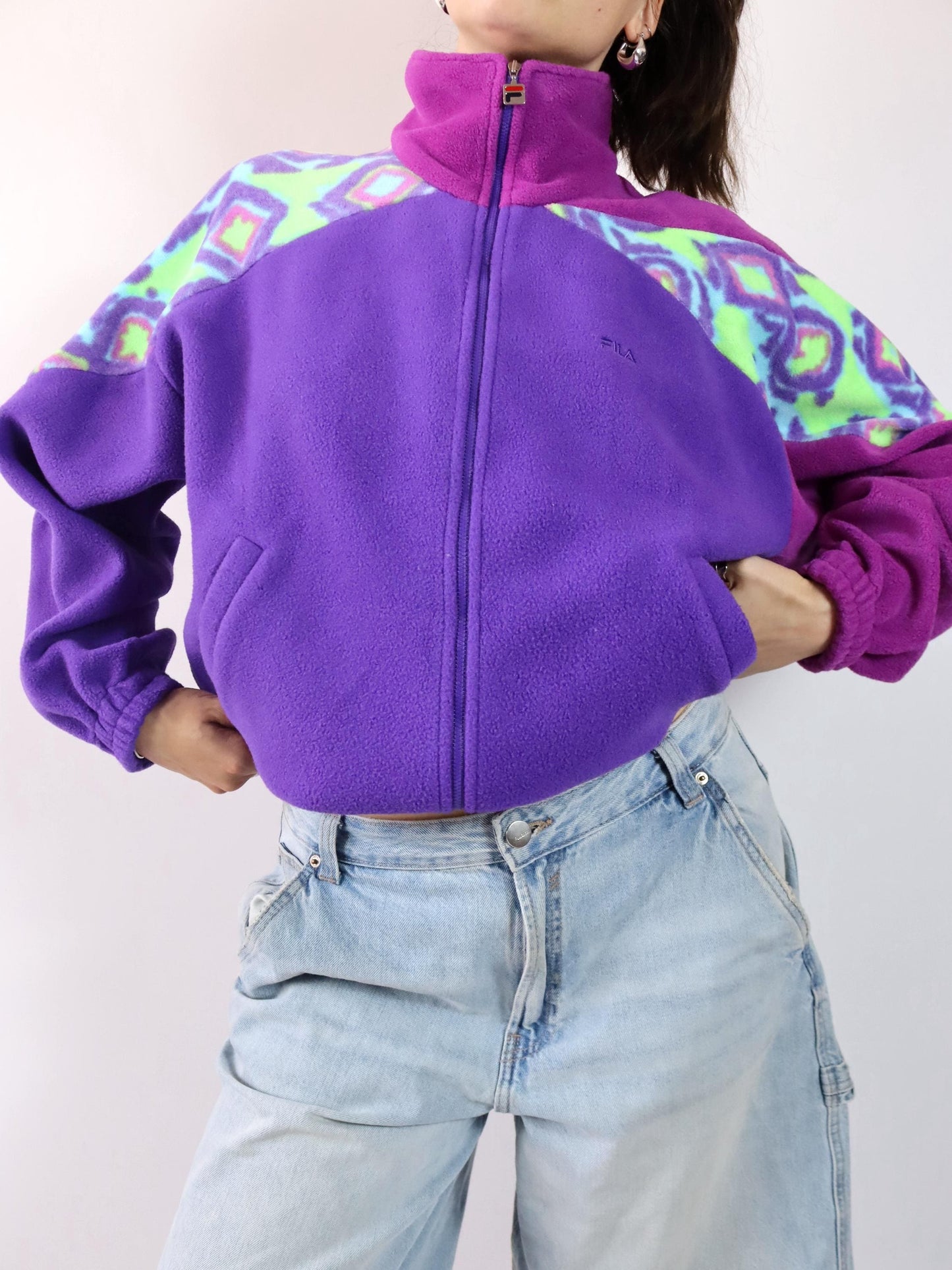 Vintage 80er 90er FILA Fleecejacke Jacke Stehkragen Reißverschluss Fleece pink lila crazy pattern 42