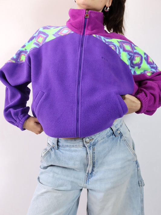 Vintage 80er 90er FILA Fleecejacke Jacke Stehkragen Reißverschluss Fleece pink lila crazy pattern 42