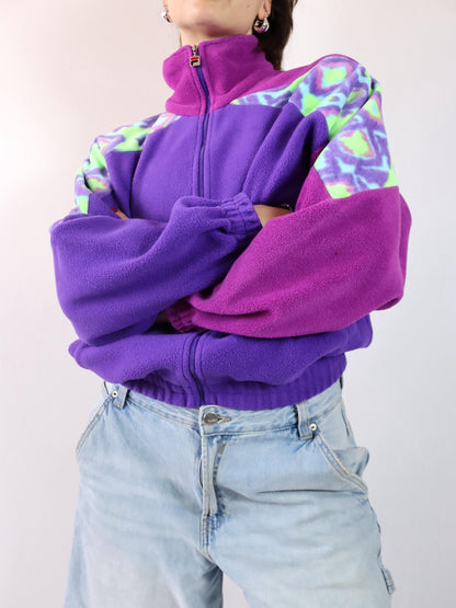 Vintage 80er 90er FILA Fleecejacke Jacke Stehkragen Reißverschluss Fleece pink lila crazy pattern 42
