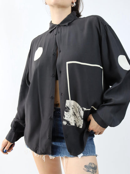 Vintage 80er 90er MYTHO Hemd langarm Print schwarz Viskose XL
