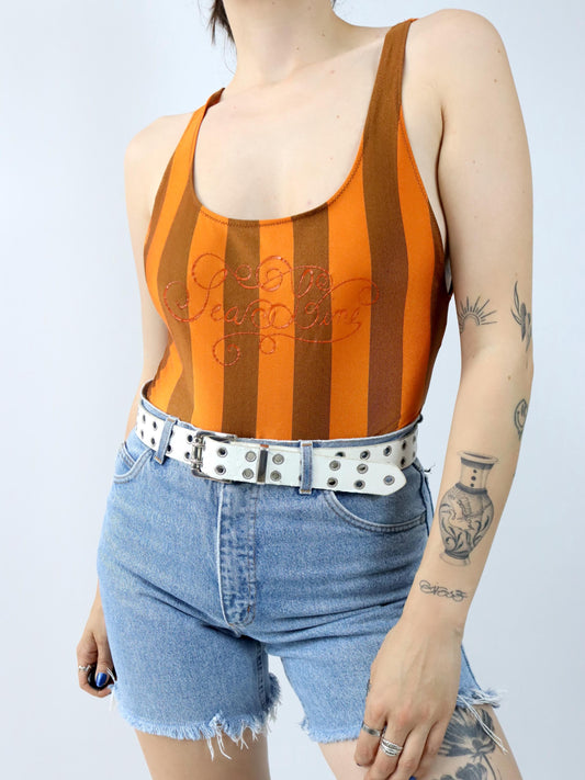 Vintage 80er 90er REFEC Body Einteiler glänzend gestreift orange Badeanzug M