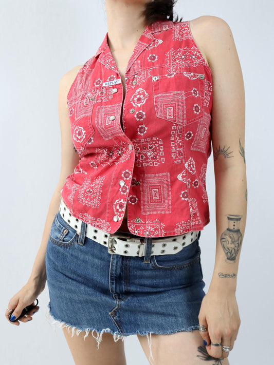 Vintage 80er 90er REPLAY & SONS Bluse Hemd ärmellos Western rot weiß M