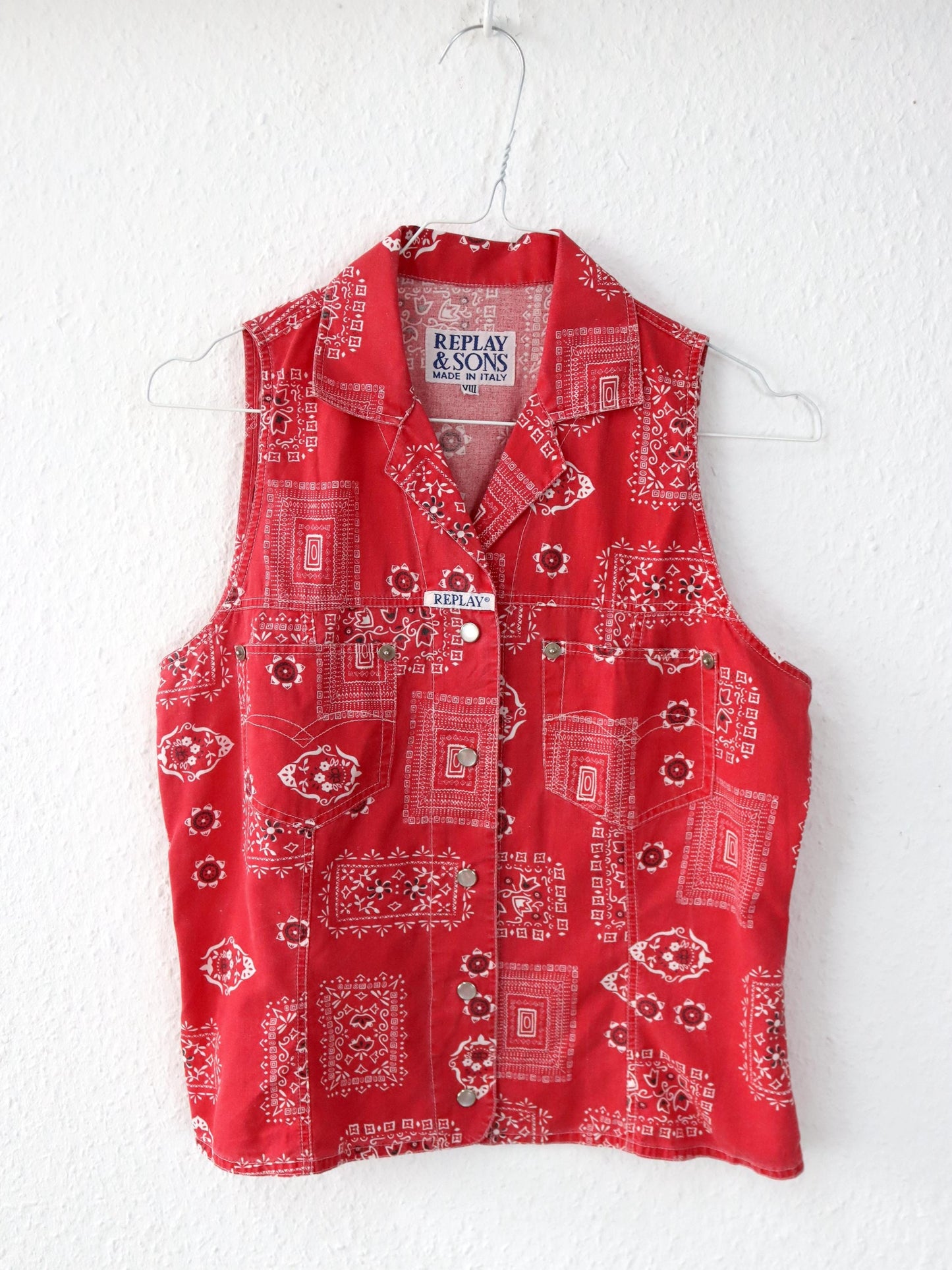 Vintage 80er 90er REPLAY & SONS Bluse Hemd ärmellos Western rot weiß M