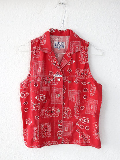 Vintage 80er 90er REPLAY & SONS Bluse Hemd ärmellos Western rot weiß M