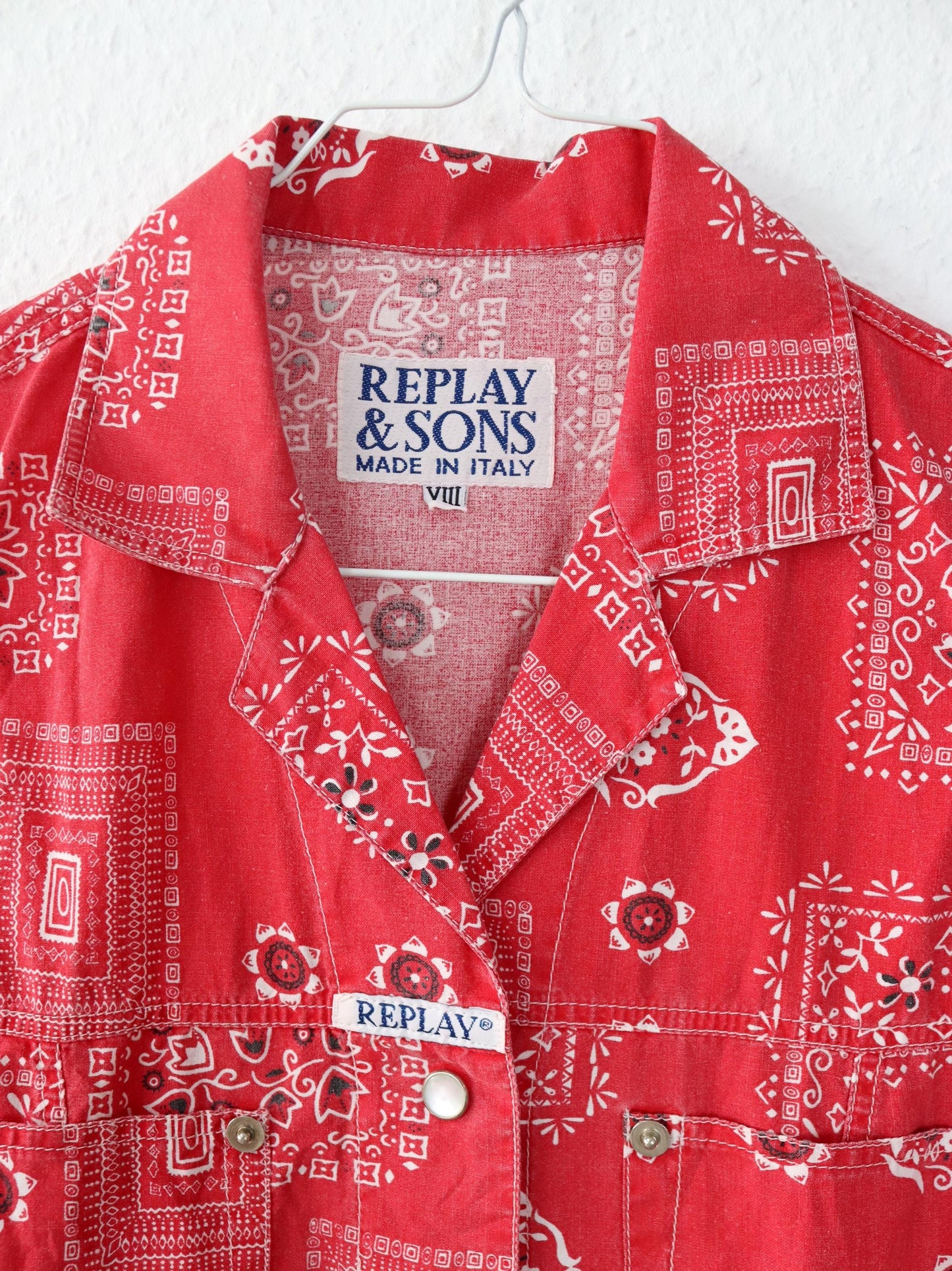 Vintage 80er 90er REPLAY & SONS Bluse Hemd ärmellos Western rot weiß M