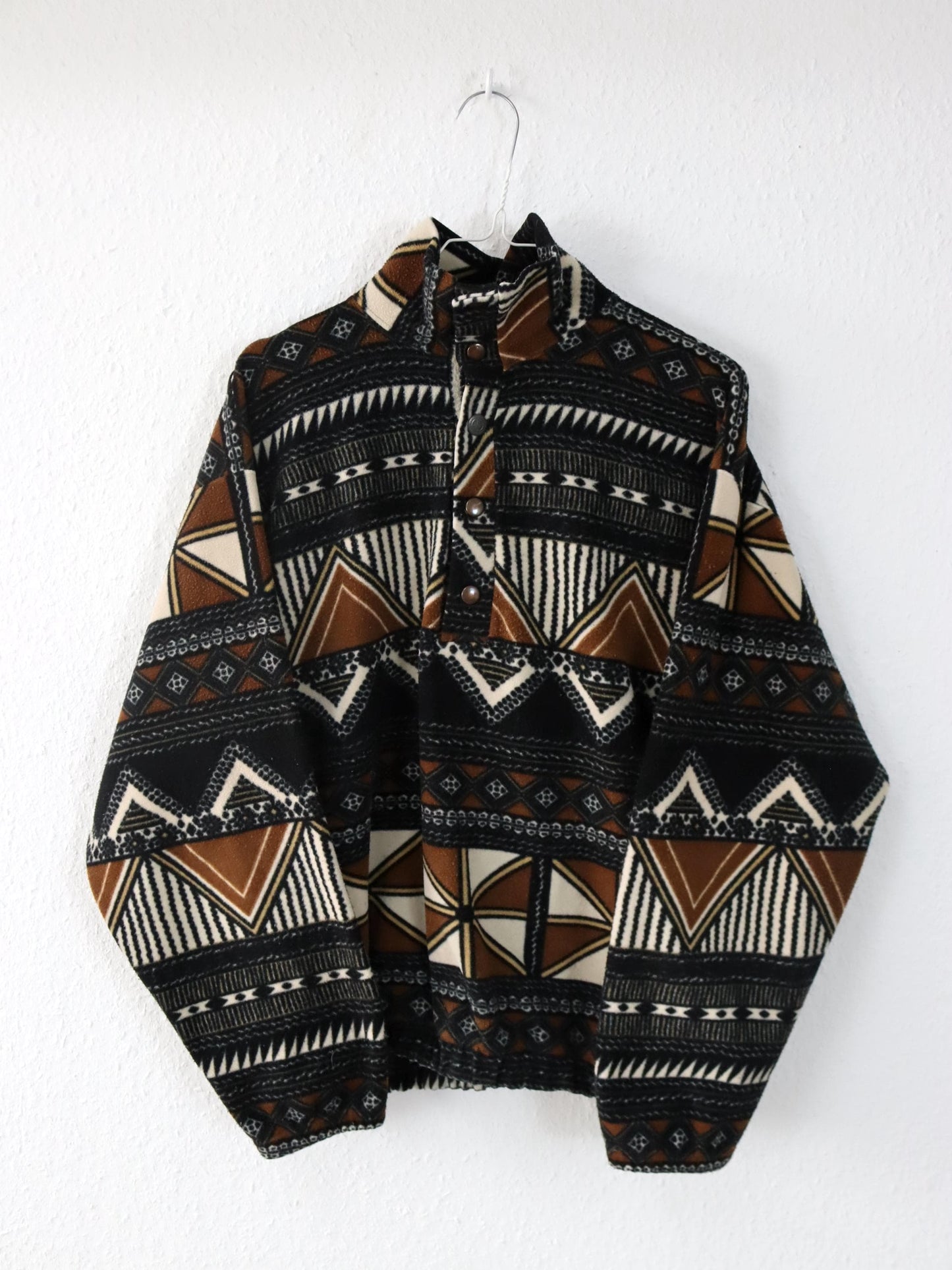 Vintage 80er 90er Fleecepullover Pullover crazy pattern Stehkragen braun schwarz weiß M