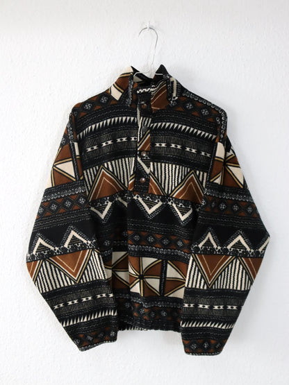 Vintage 80er 90er Fleecepullover Pullover crazy pattern Stehkragen braun schwarz weiß M