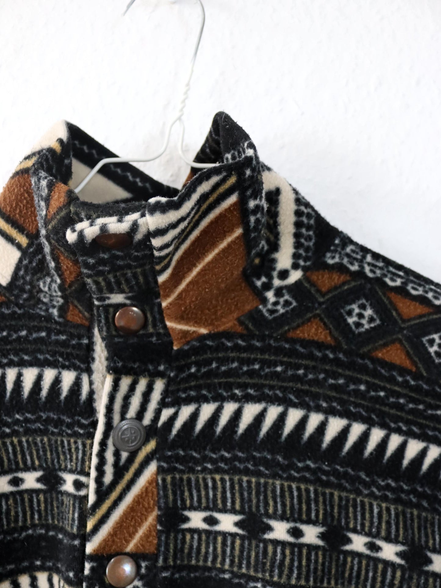 Vintage 80er 90er Fleecepullover Pullover crazy pattern Stehkragen braun schwarz weiß M