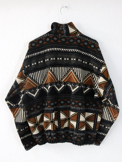 Vintage 80er 90er Fleecepullover Pullover crazy pattern Stehkragen braun schwarz weiß M