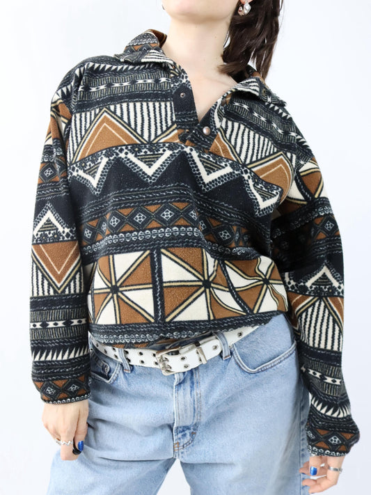 Vintage 80er 90er Fleecepullover Pullover crazy pattern Stehkragen braun schwarz weiß M