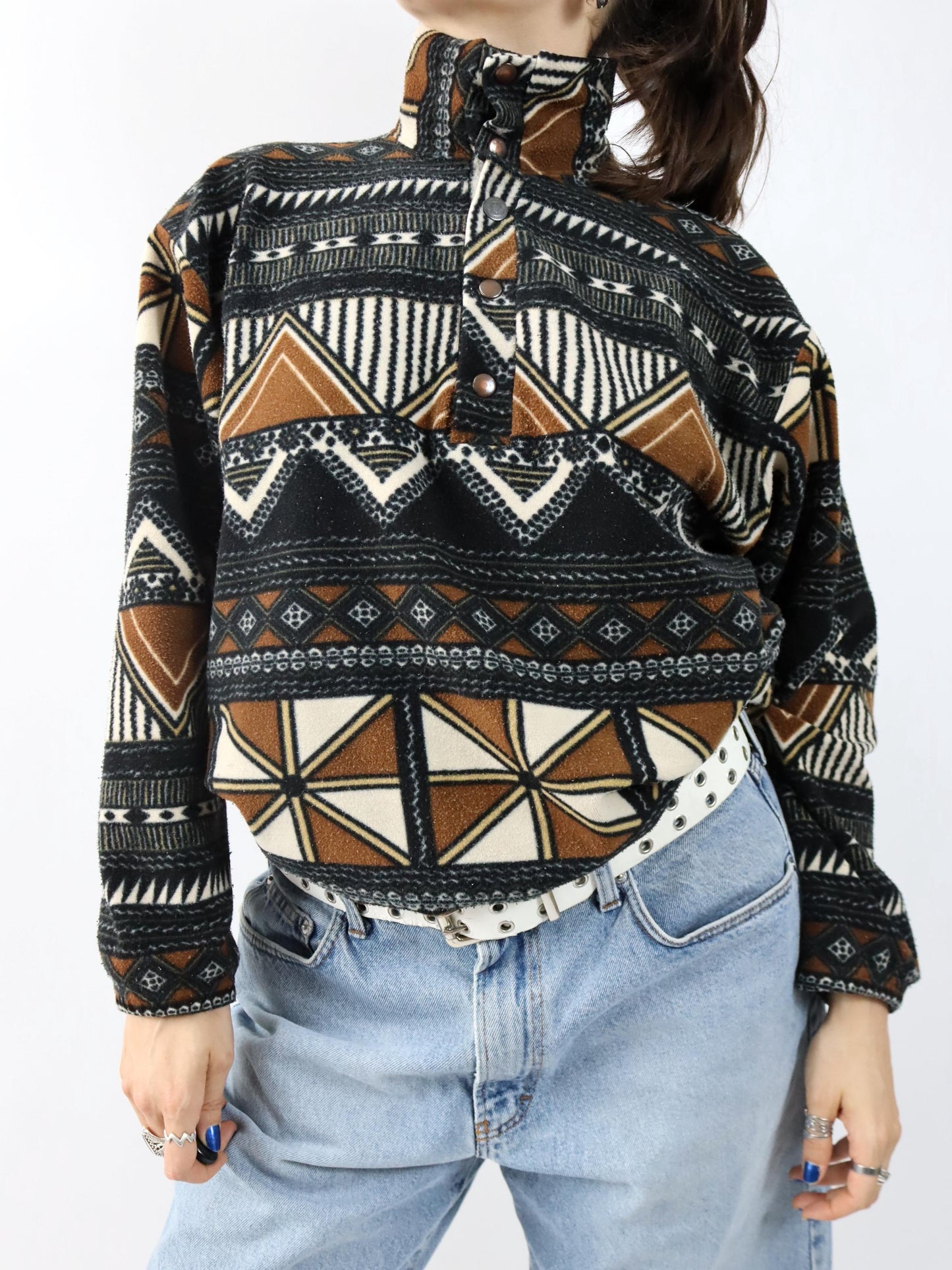 Vintage 80er 90er Fleecepullover Pullover crazy pattern Stehkragen braun schwarz weiß M