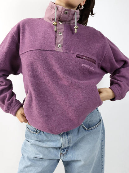 Vintage 80er 90er ASTROLABIO Fleecepullover Stehkragen lila Knopfleiste M