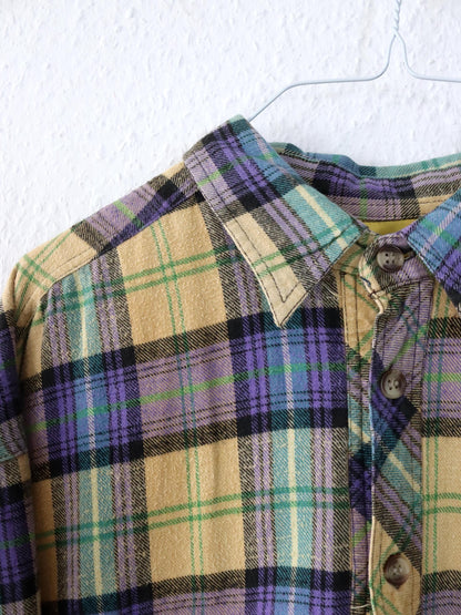 Vintage 80er 90er ESGUIRE FASHION Flanellhemd kariert langarm leicht gefüttert gelb lila grün L