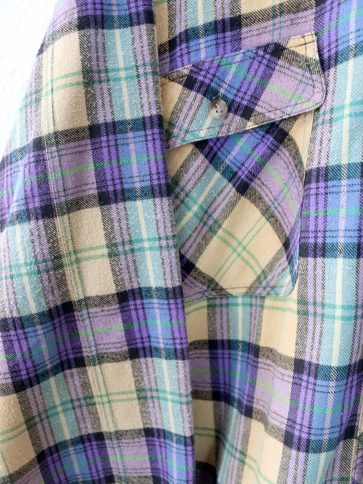 Vintage 80er 90er ESGUIRE FASHION Flanellhemd kariert langarm leicht gefüttert gelb lila grün L