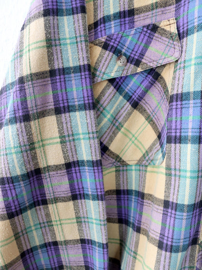Vintage 80er 90er ESGUIRE FASHION Flanellhemd kariert langarm leicht gefüttert gelb lila grün L