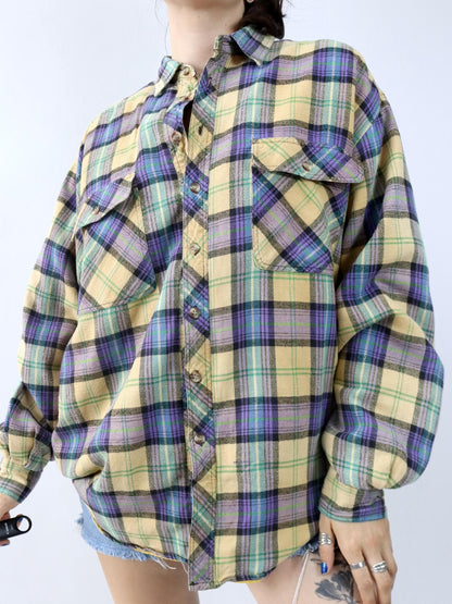Vintage 80er 90er ESGUIRE FASHION Flanellhemd kariert langarm leicht gefüttert gelb lila grün L
