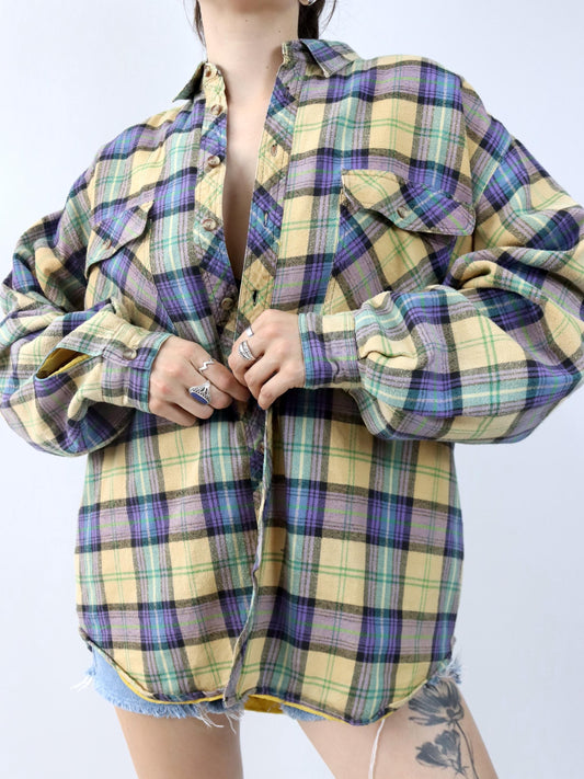 Vintage 80er 90er ESGUIRE FASHION Flanellhemd kariert langarm leicht gefüttert gelb lila grün L