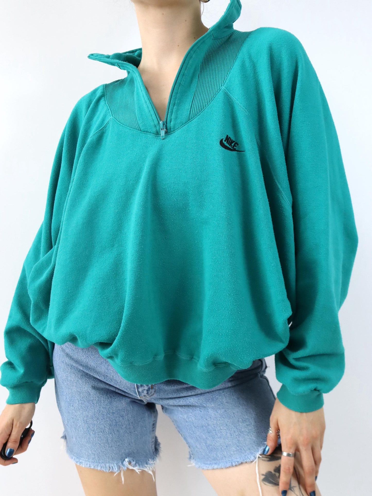 Vintage 80er 90er NIKE Pullover Sweatshirt Stehkragen türkis Backprint XL