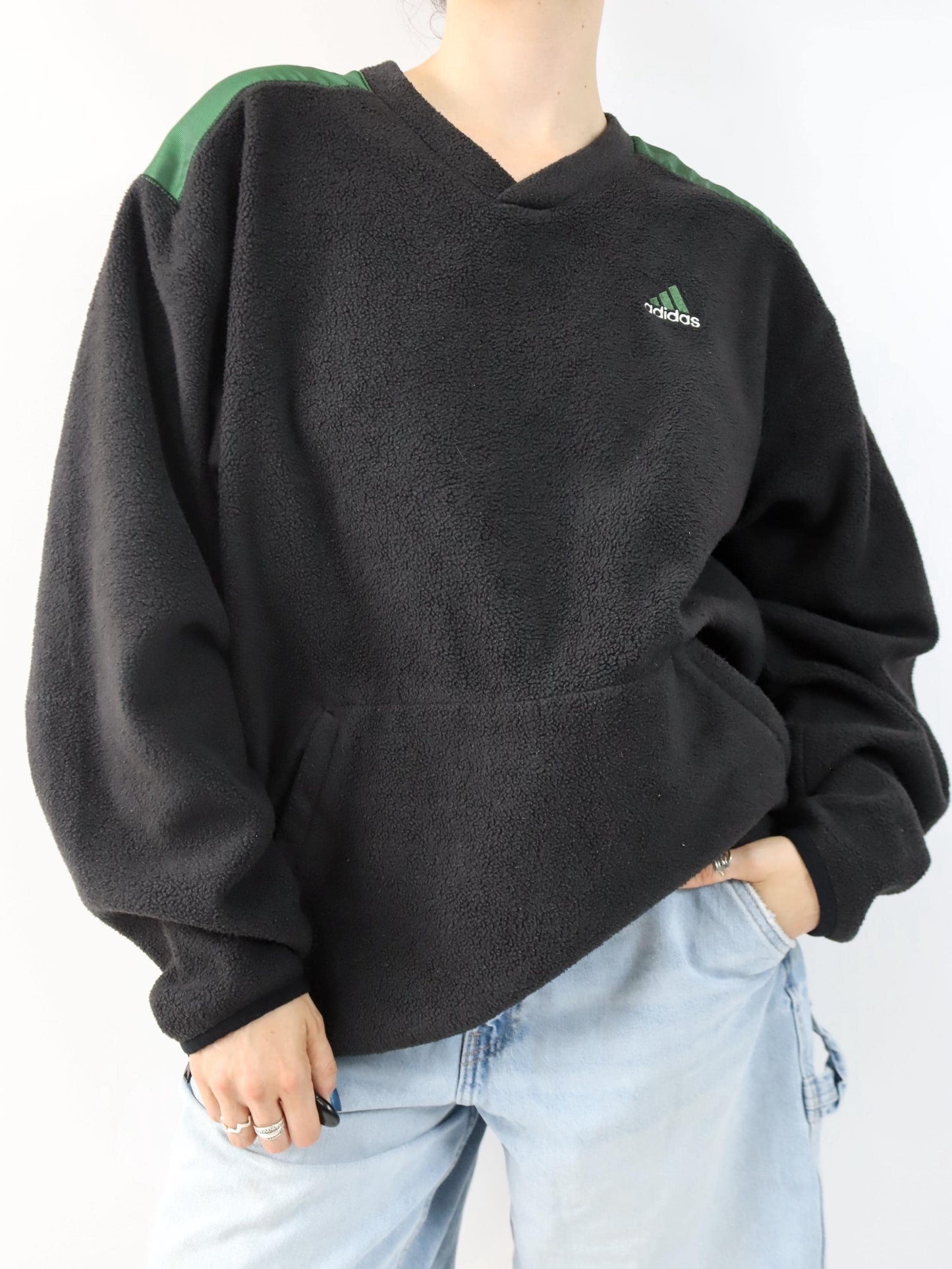 Vintage 80er 90er ADIDAS Fleecepullover Sweatshirt schwarz grün 1999 L