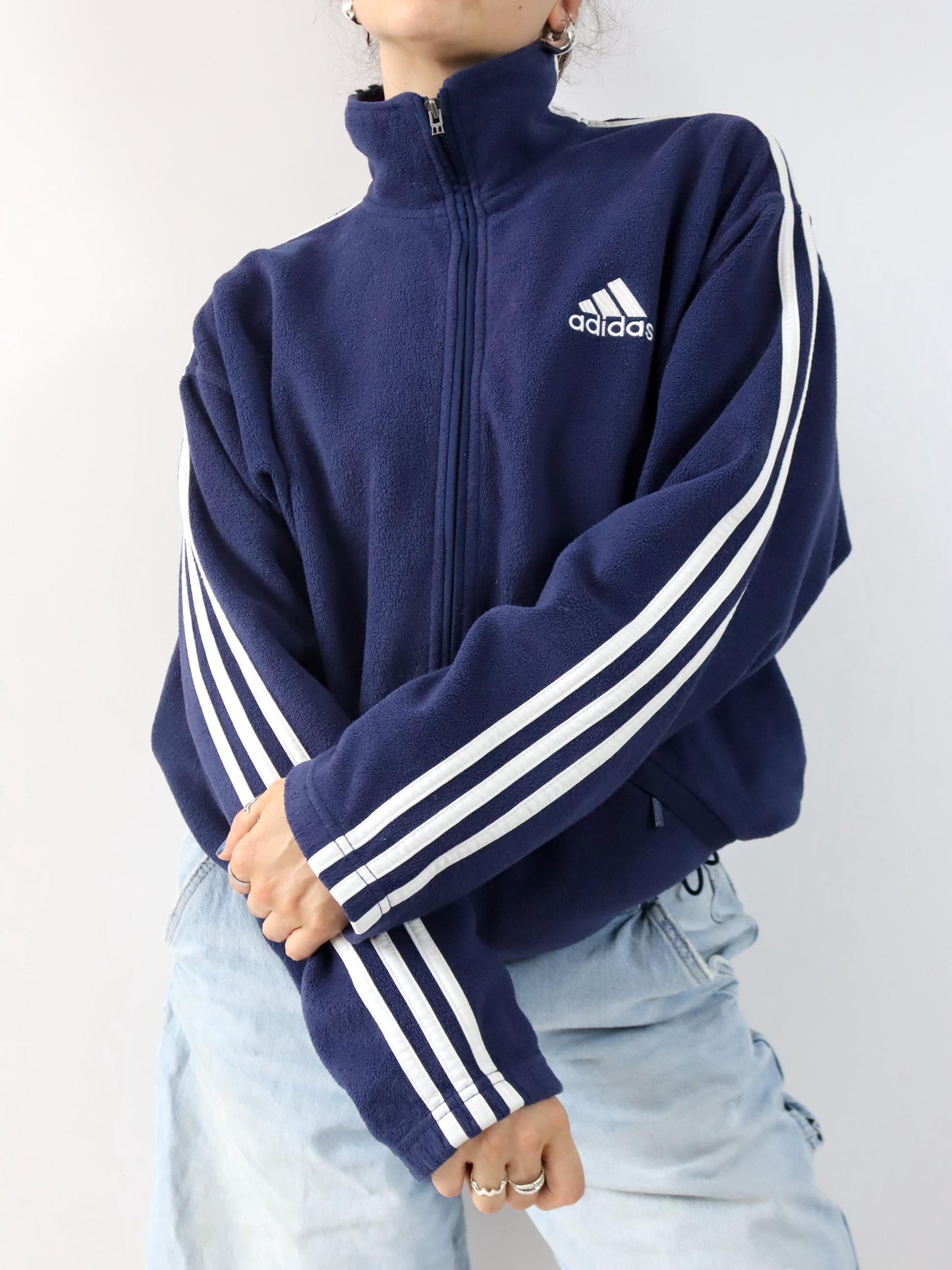 Vintage 80er 90er ADIDAS Fleecejacke Jacke Fleece dunkelblau Stehkragen D4 S