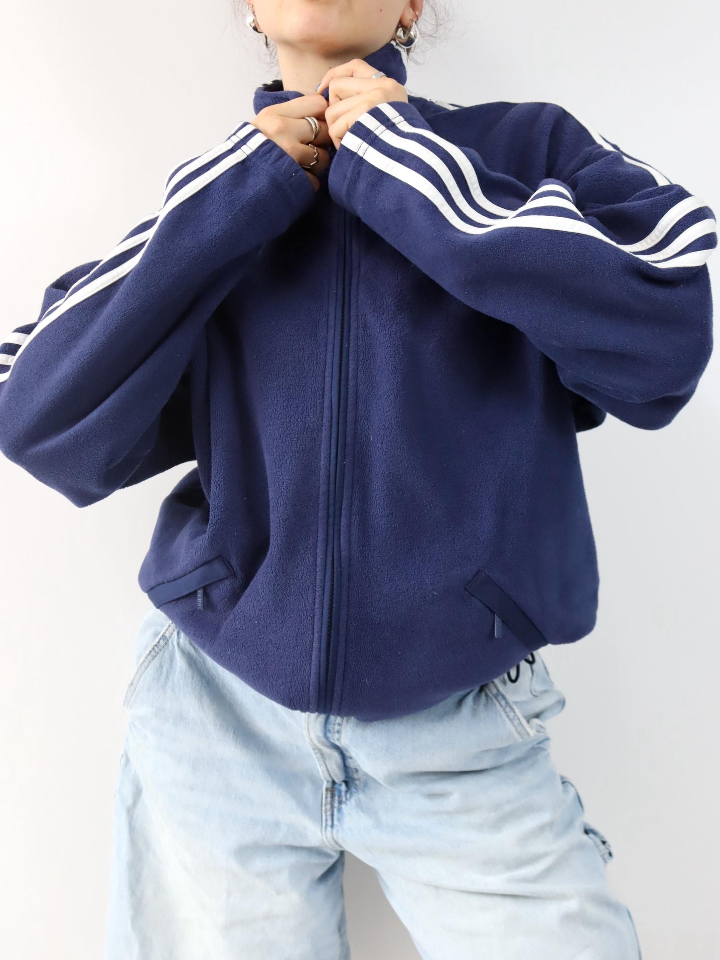 Vintage 80er 90er ADIDAS Fleecejacke Jacke Fleece dunkelblau Stehkragen D4 S