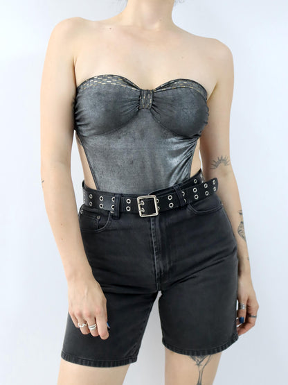 Vintage 80er 90er COST Badeanzug Body Bandeau silber gold 40