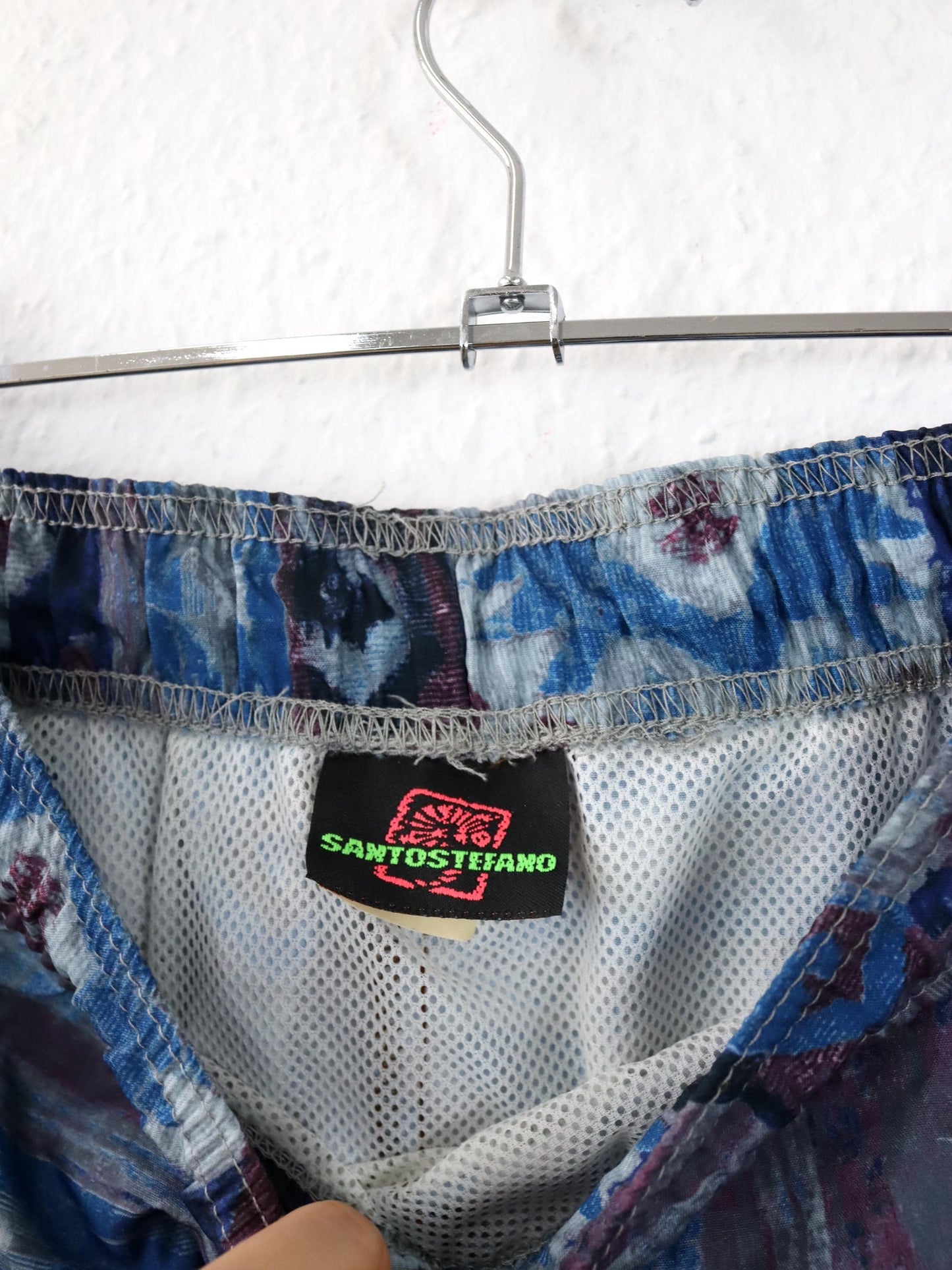 Vintage 80er 90er SANTOSTEFANO Shorts kurze Hose Badehose crazy pattern blau lila 46 S