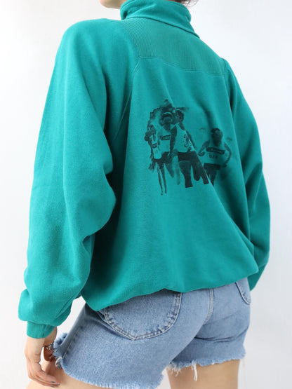 Vintage 80er 90er NIKE Pullover Sweatshirt Stehkragen türkis Backprint XL