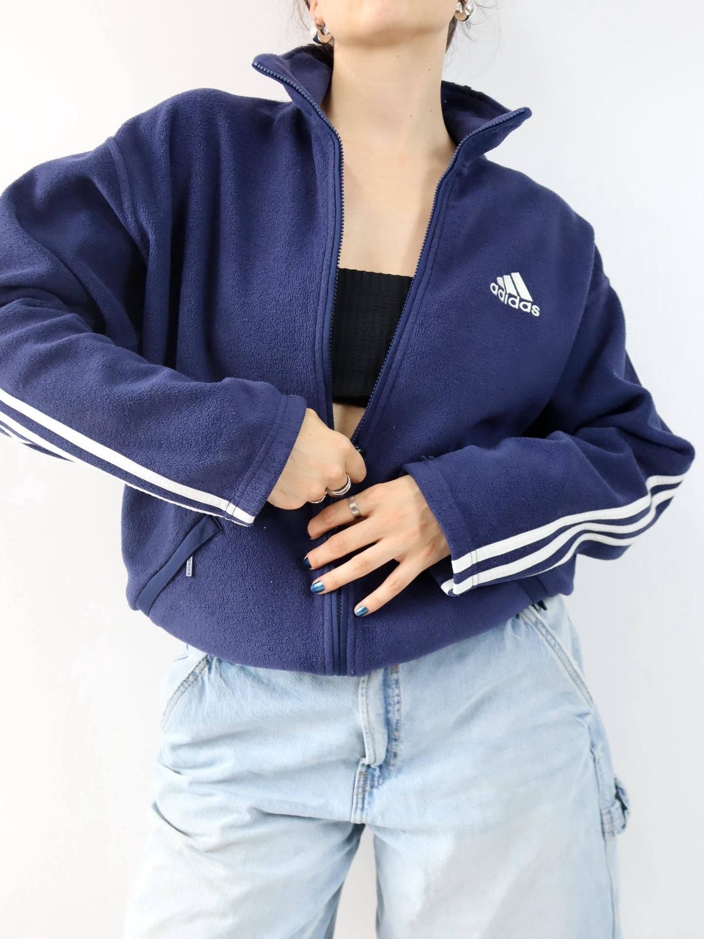 Vintage 80er 90er ADIDAS Fleecejacke Jacke Fleece dunkelblau Stehkragen D4 S