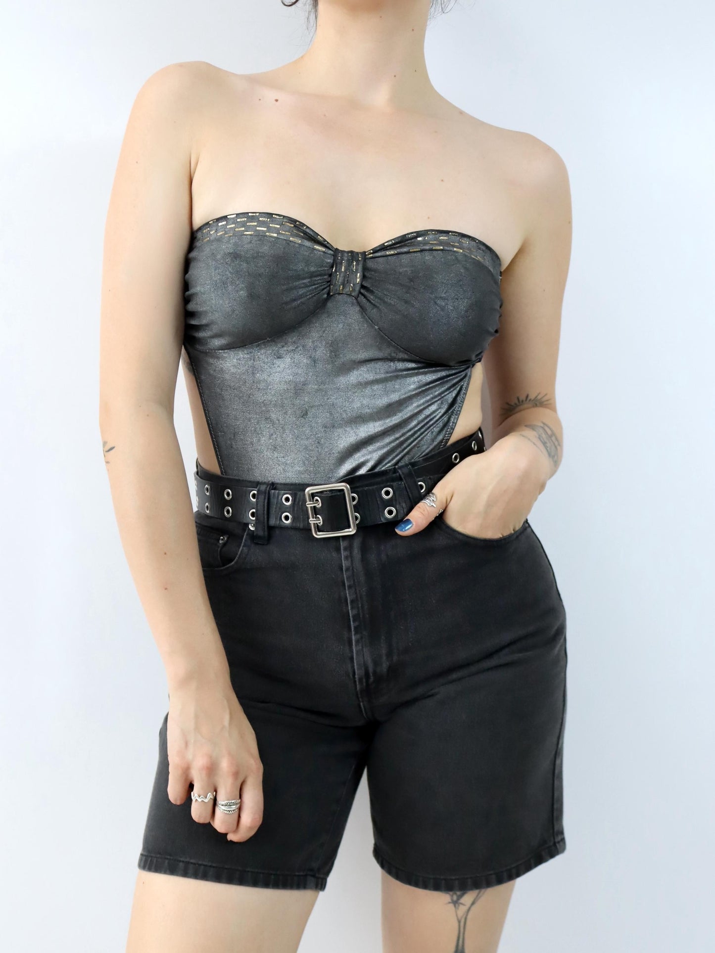 Vintage 80er 90er COST Badeanzug Body Bandeau silber gold 40
