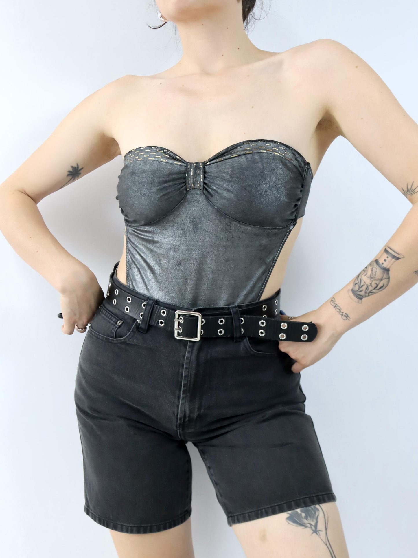 Vintage 80er 90er COST Badeanzug Body Bandeau silber gold 40