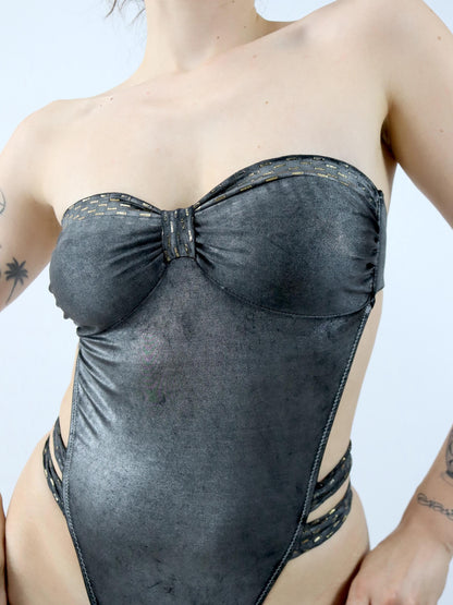Vintage 80er 90er COST Badeanzug Body Bandeau silber gold 40