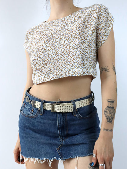 Vintage 80er 90er Bluse kurzarm Crop Blumenmuster Seidentop cremeweiß S